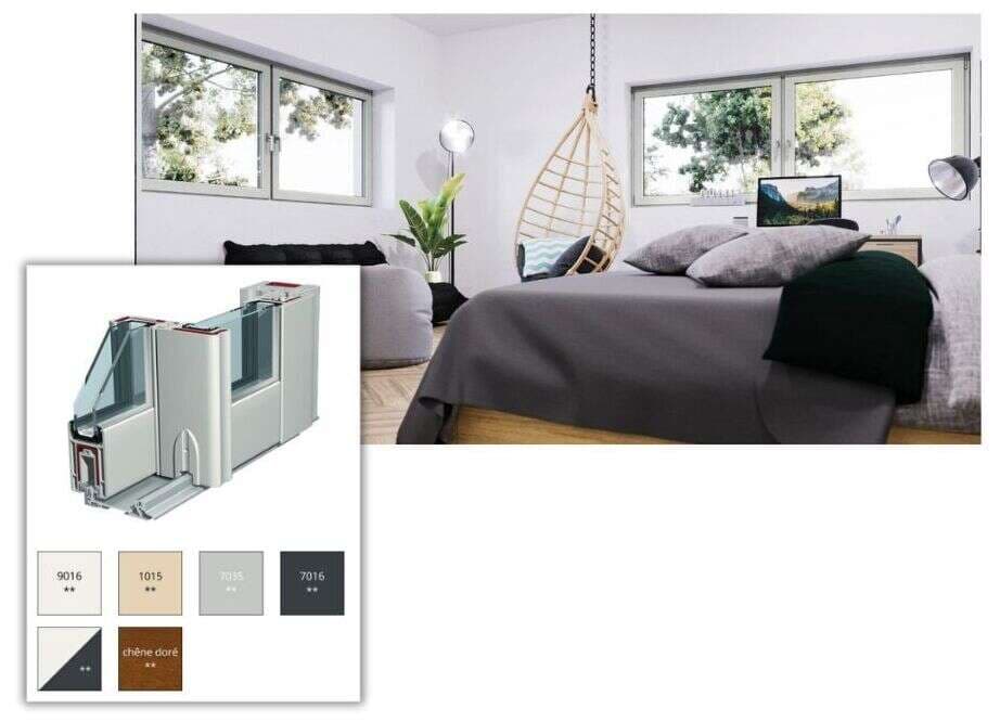Fenêtres PVC blanches dans une chambre, avec coupe du profilé et nuancier de coloris