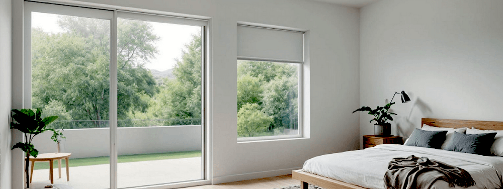 Baie coulissante et fenêtre PVC blanches dans une chambre claire donnant sur les arbres