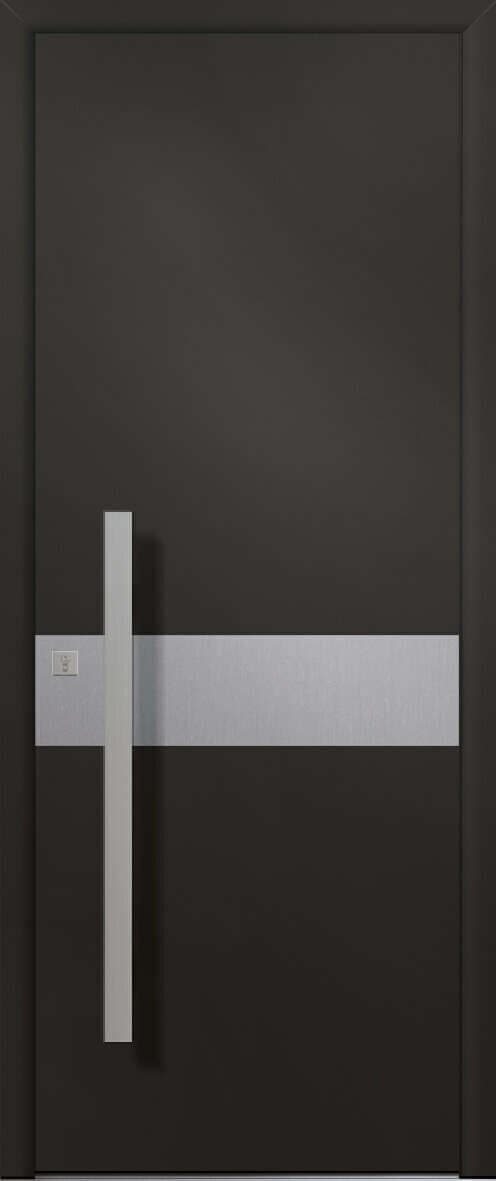 Porte d'entrée en aluminium modèle Basalte, anthracite, à bandeau vitré dépoli et longue poignée verticale