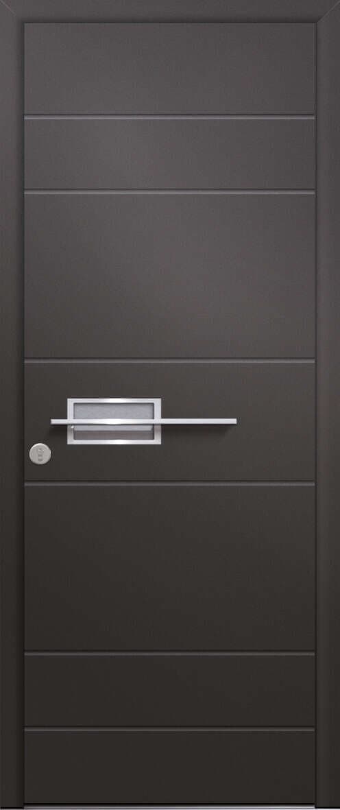 Porte d'entrée en aluminium modèle Basalte, anthracite, à rainures horizontales et poignée bandeau inox