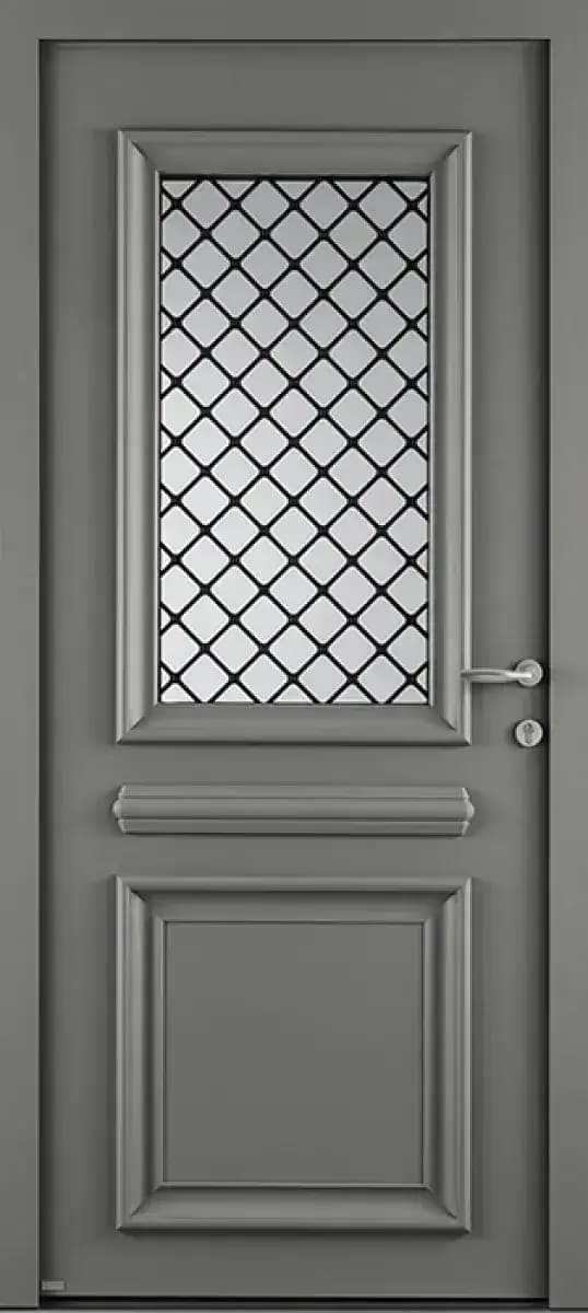 Porte d'entrée en aluminium modèle Danaé, grise, à vitrage à croisillons losange et panneau mouluré