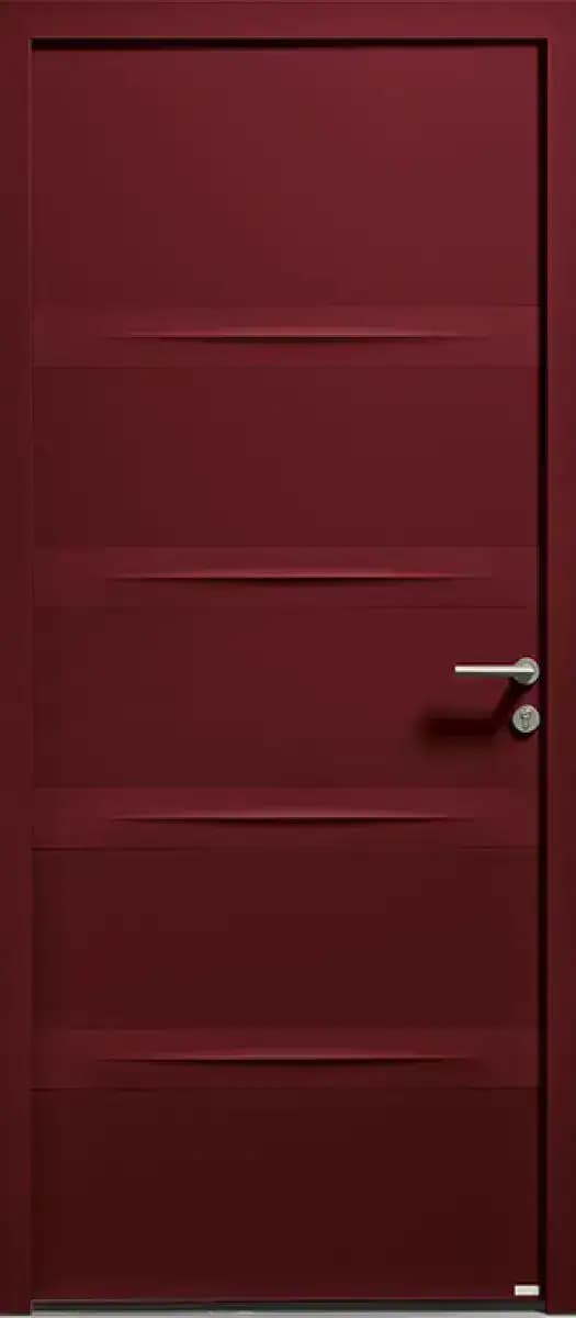Porte d'entrée en aluminium modèle Dune, rouge bordeaux, pleine à rainures horizontales