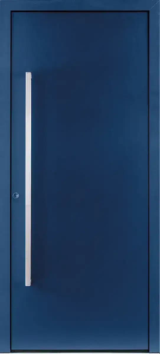 Porte d'entrée en aluminium modèle K5, bleu roi, pleine avec poignée barre inox toute hauteur