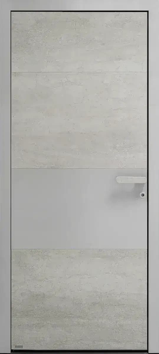 Porte d'entrée en aluminium modèle Swann, finition béton clair, à bandeau vitré dépoli
