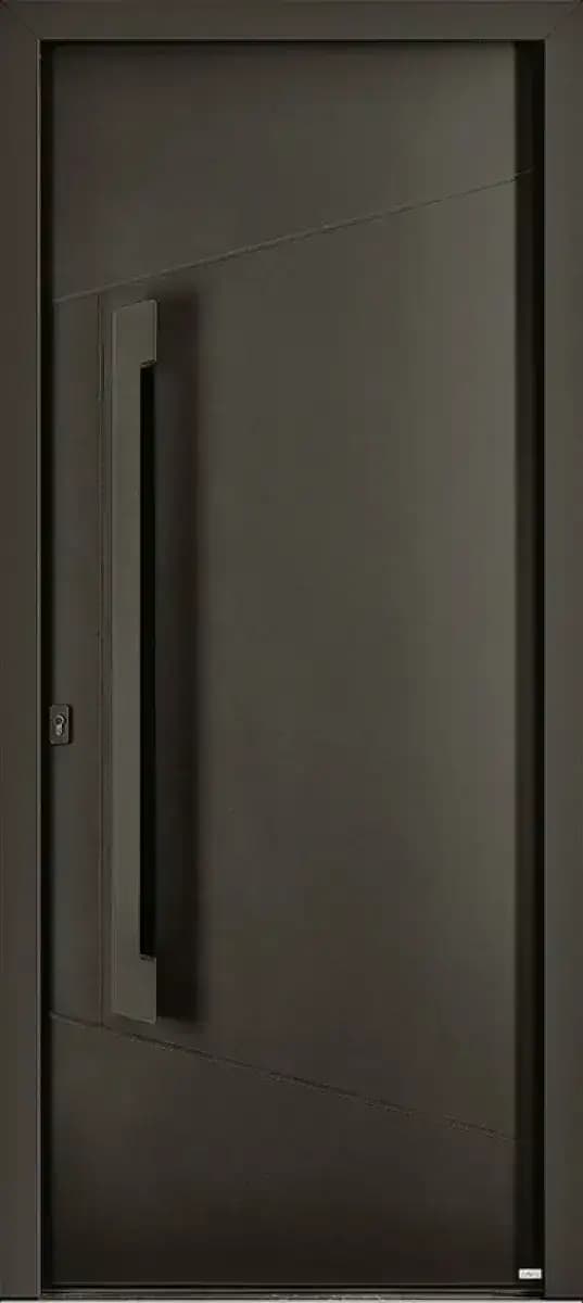Porte d'entrée en aluminium modèle Uruz, brun taupe, à vitrage vertical étroit et poignée barre