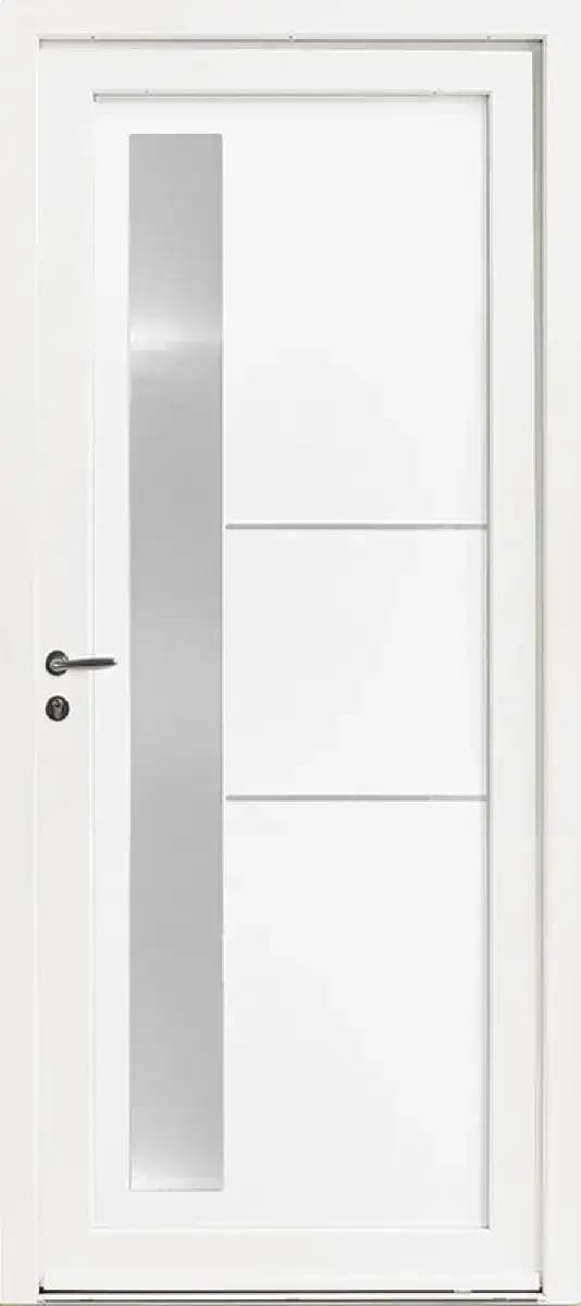 Porte d'entrée en PVC modèle Kellys, blanche, à vitrage vertical dépoli en trois sections