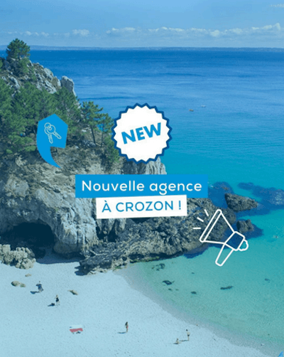 Visuel Finestra annonçant l'ouverture de la nouvelle agence de Crozon, sur une plage de la presqu'île