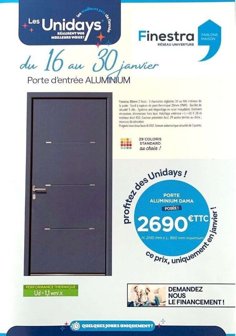Affiche Unidays Finestra : porte d'entrée en aluminium en promotion du 16 au 30 janvier