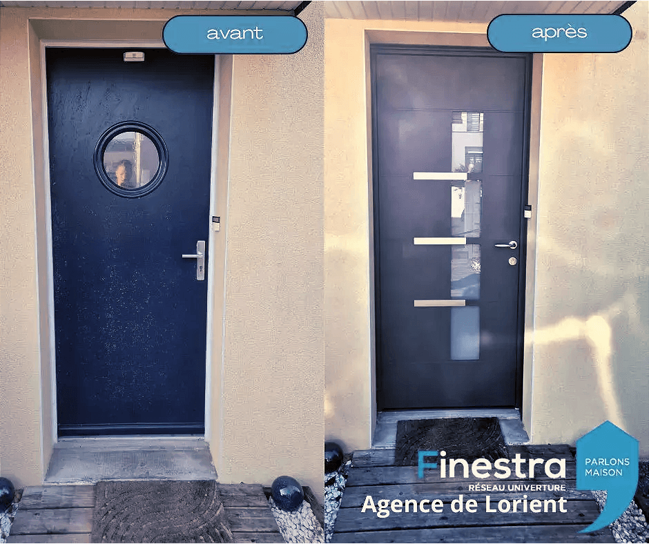 Avant et après le remplacement d'une porte d'entrée par l'agence Finestra de Lorient