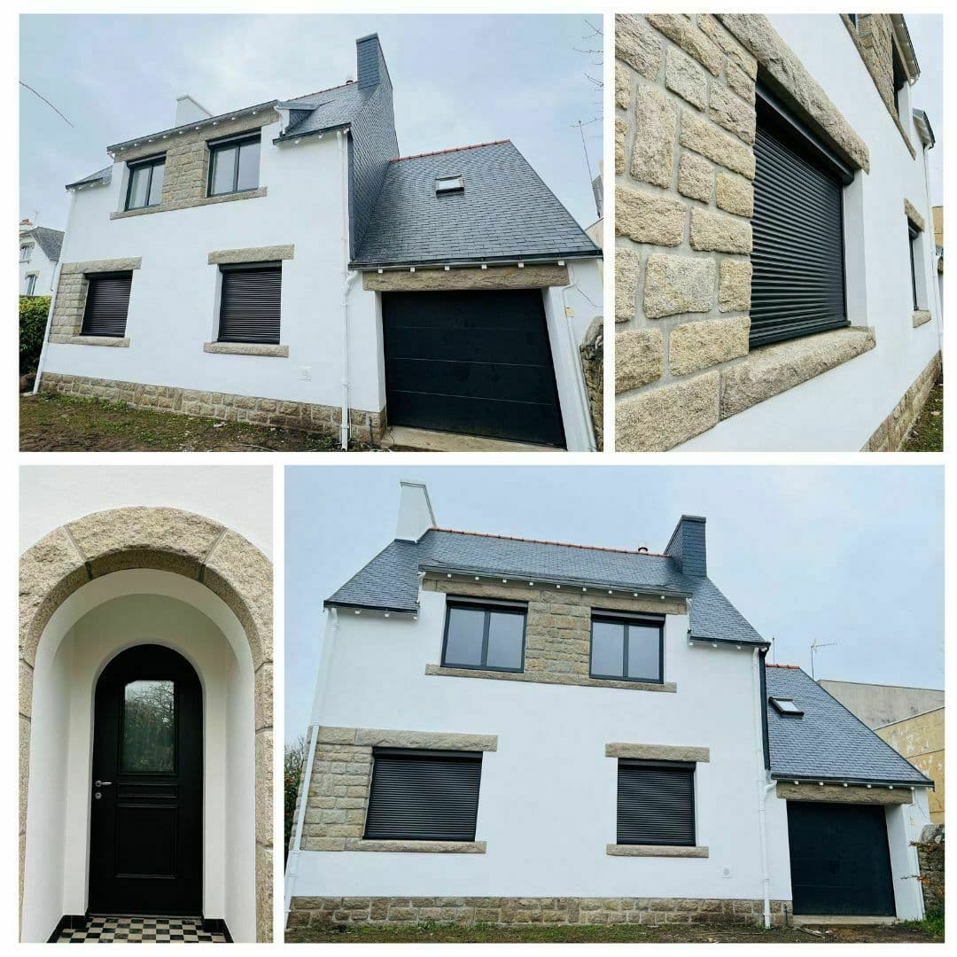 Maison bretonne rénovée à Quimper : fenêtres noires, volets roulants, porte de garage et porte d'entrée cintrée