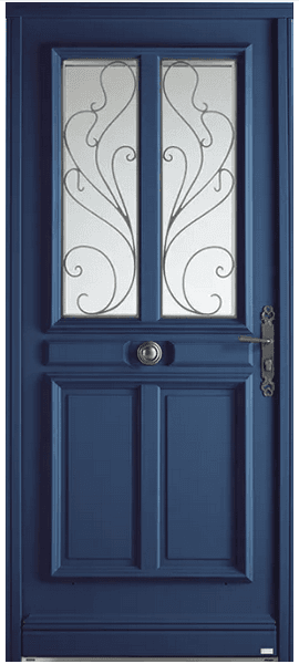 Porte d'entrée en bois modèle Aleria, bleu, à deux vitrages ornés de ferronnerie