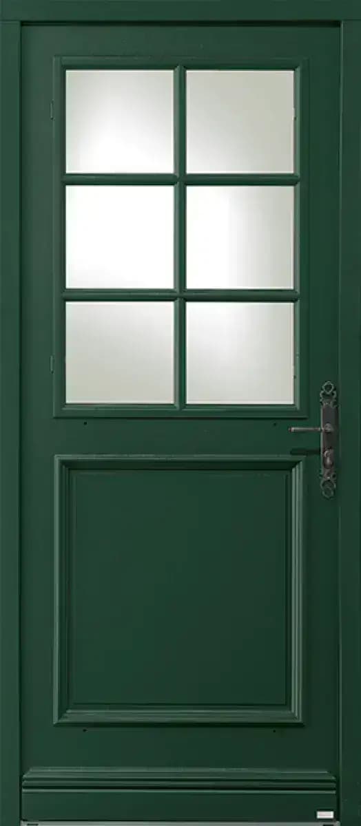 Porte d'entrée en bois modèle Arzon, vert sapin, à six carreaux vitrés et panneau mouluré