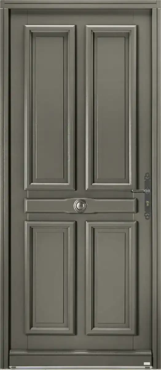 Porte d'entrée en bois modèle Baladi, taupe, à quatre panneaux moulurés