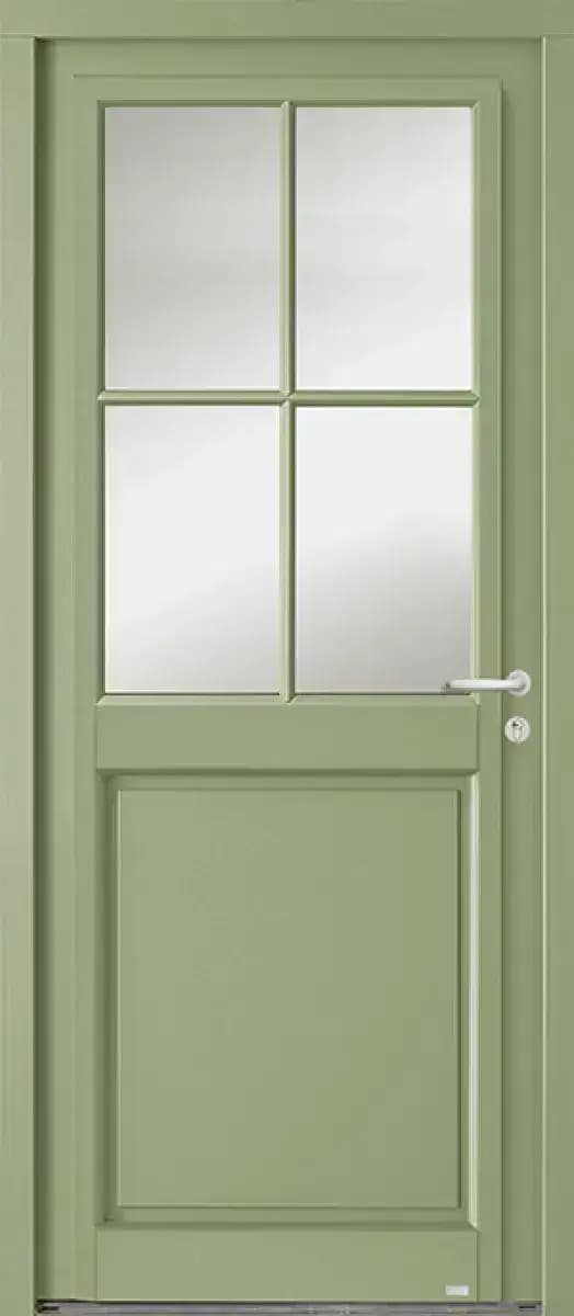Porte d'entrée en bois modèle Cannelle, vert olive, à quatre carreaux vitrés et panneau bas