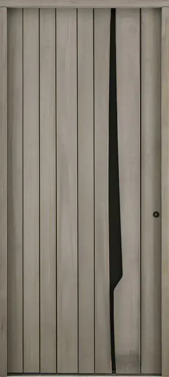 Porte d'entrée en bois modèle Constance, bois gris à lames verticales et vitrage étroit sinueux