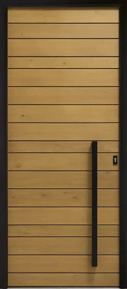 Porte d'entrée en bois modèle Cyme, bois clair à lames horizontales et poignée barre noire