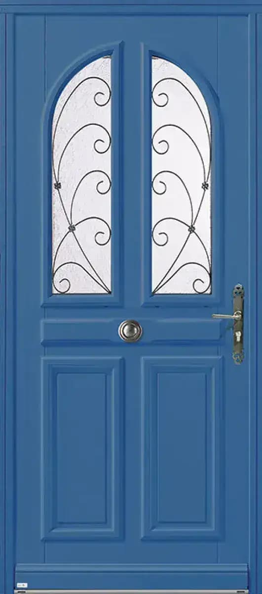 Porte d'entrée en bois modèle Mandelieu, bleue, à deux vitrages cintrés ornés de ferronnerie