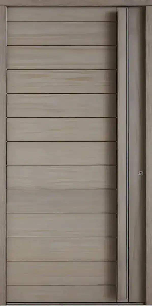 Porte d'entrée en bois modèle Perenne, bois gris clair à lames horizontales et poignée barre