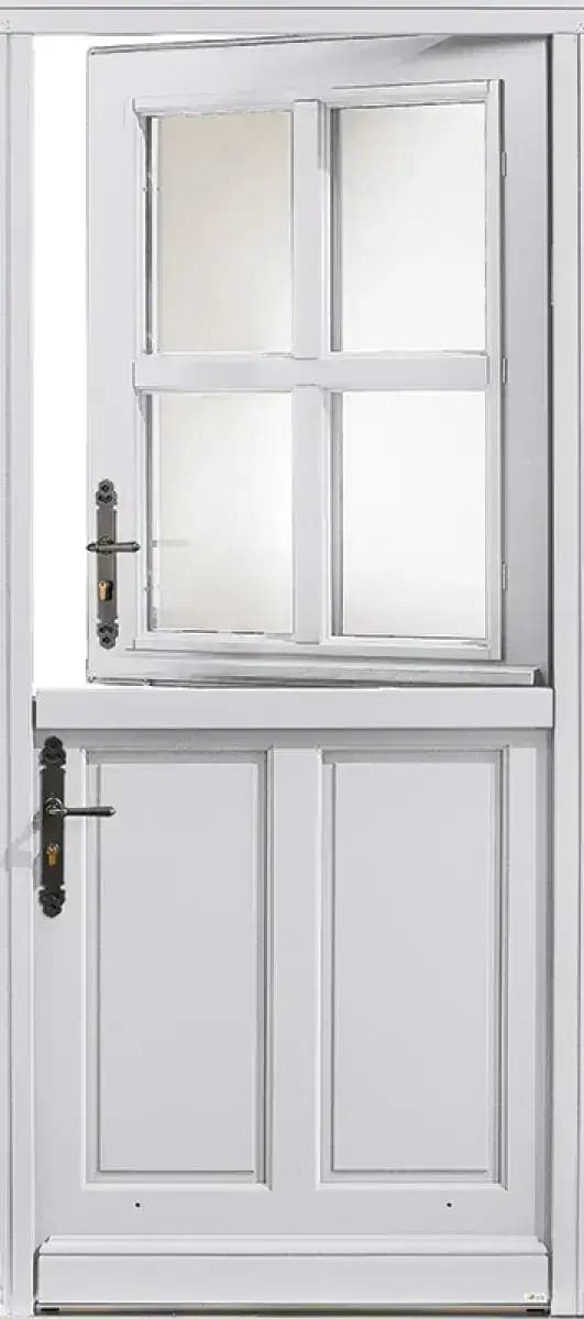 Porte d'entrée en bois modèle Sancerres, blanche, à quatre carreaux vitrés et partie basse pleine