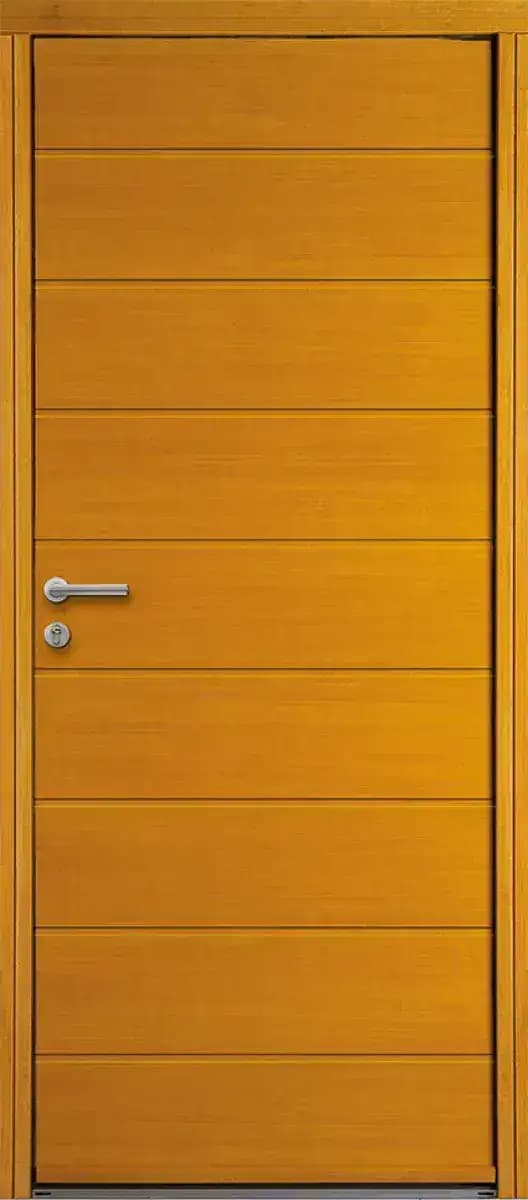 Porte d'entrée en bois modèle Ussel, bois miel, pleine à lames horizontales
