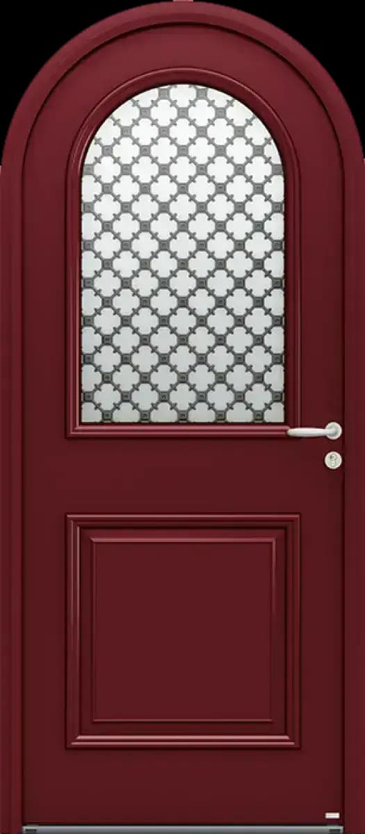 Porte d'entrée mixte bois et aluminium modèle Artemis, rouge bordeaux, cintrée avec vitrage à croisillons losange
