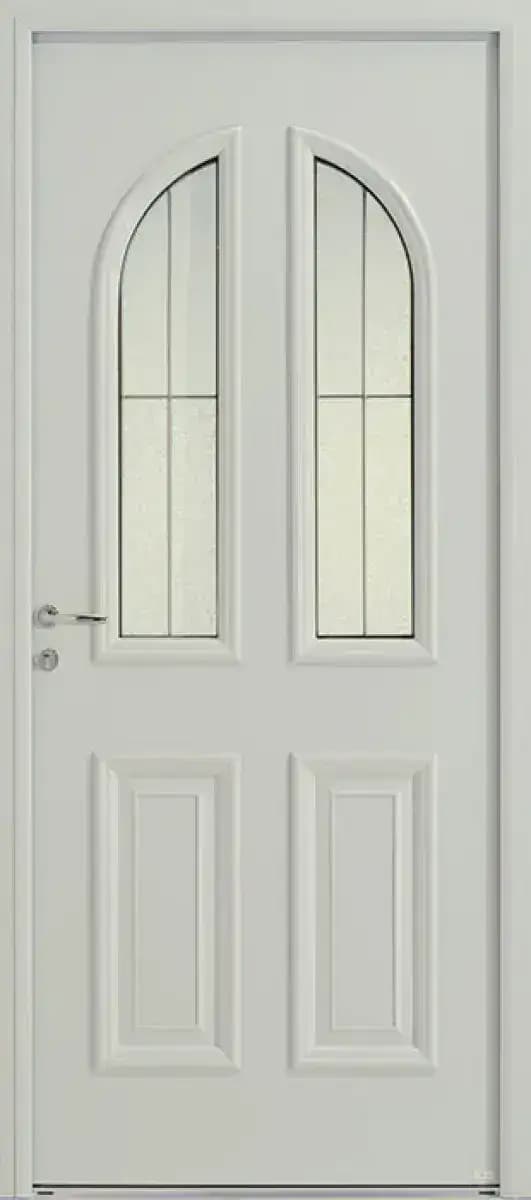 Porte d'entrée mixte bois et aluminium modèle Colina, blanche, à deux vitrages cintrés et panneaux moulurés