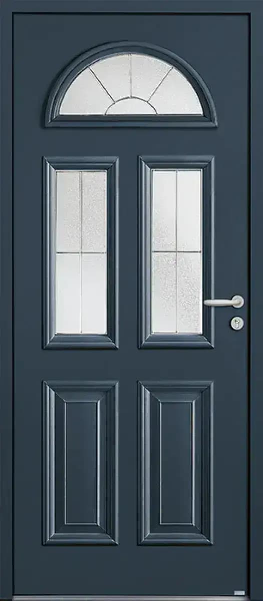 Porte d'entrée mixte bois et aluminium modèle Harricana, bleu-gris, à imposte cintrée et deux vitrages à petits bois